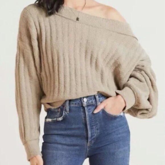 Free People Cabin Fever Fuzzy Boat Neck Off The Shoulder Pullover Tan Oatmeal - Picture 1 of 3